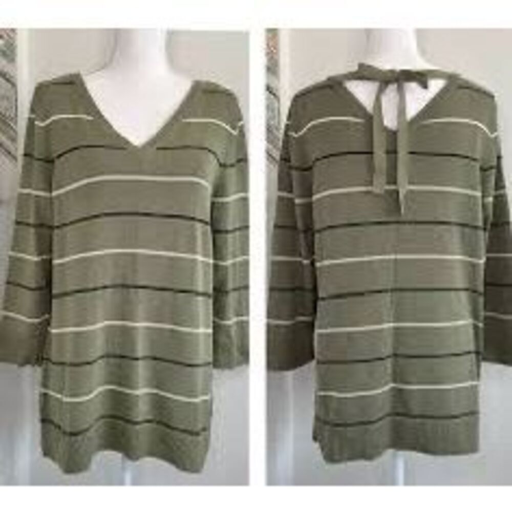 Talbots Plus Avocado Striped Sweater Sz 2X Green Tie Back